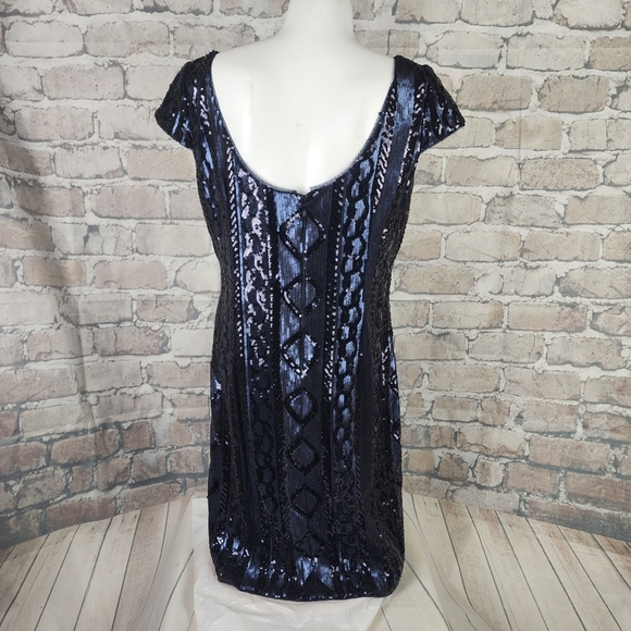 Adrianna Papell Sequin Cap Sleeve Sheath Dress Navy Size 10 Evening Sparkle - Picture 11 of 16